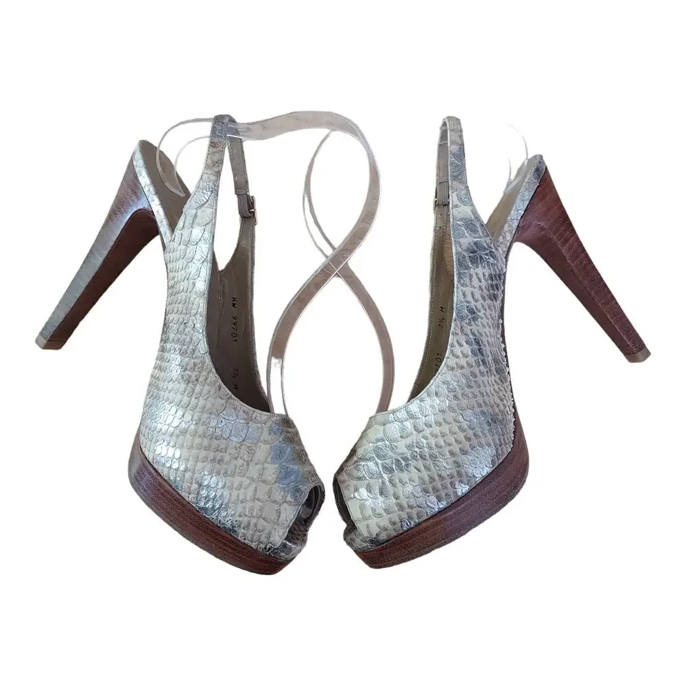 Stuart Weitzman Snakeskin Peep Toe Slingback Wood Platform 5" Pump Heels Sz 7.5 - Picture 3 of 10